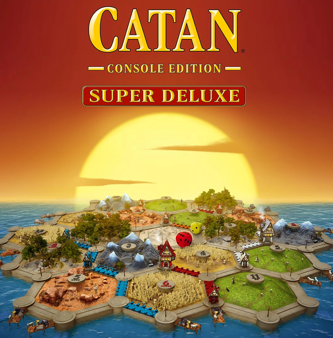 Poster van het spel Catan Console Edition Super Deluxe met een afbeelding van een 3D-eiland bestaande uit zeshoeken midden in de oceaan bij zonsondergang