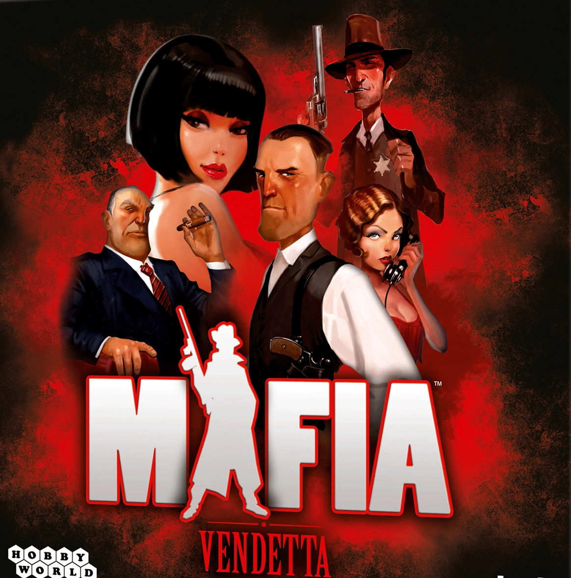 De doos van het bordspel Mafia Vendetta met getekende afbeeldingen van gangsters en meisjes op een rood-zwarte achtergrond