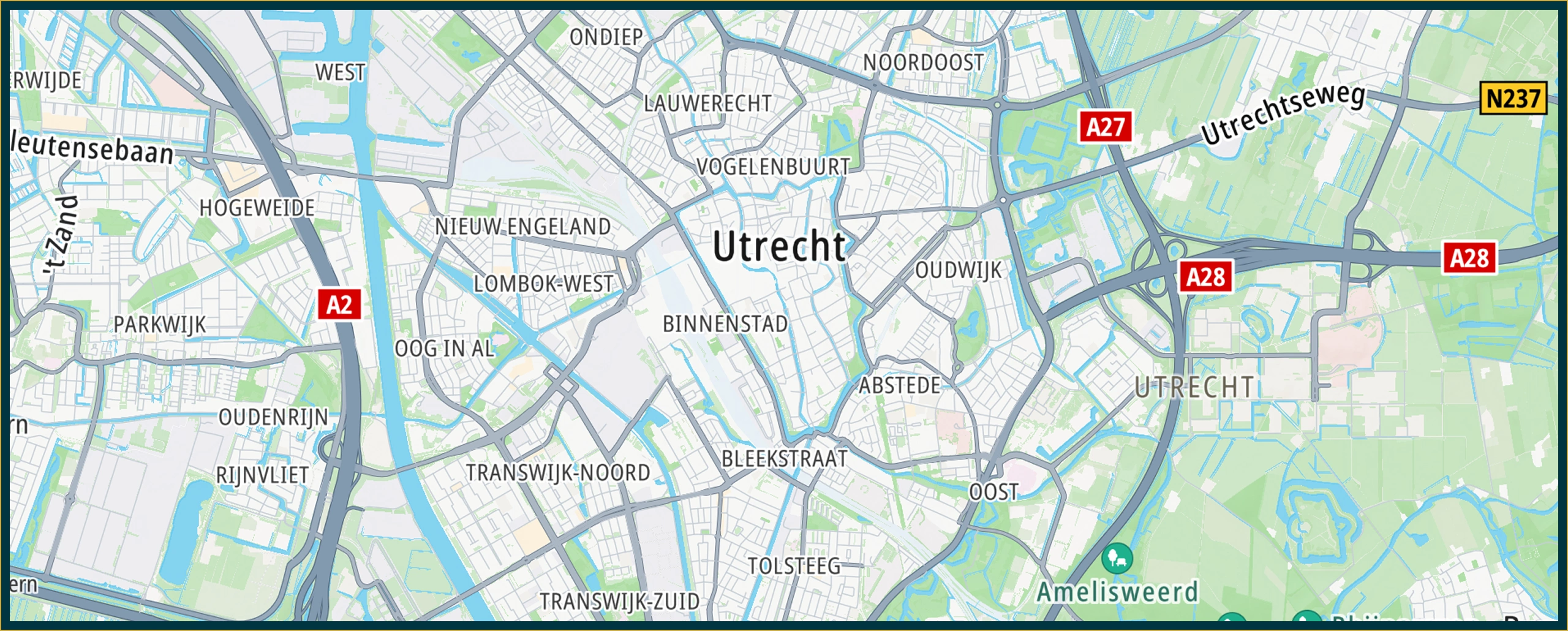 Google-kaart van een stad in Nederland met wegen en straten in felle kleuren