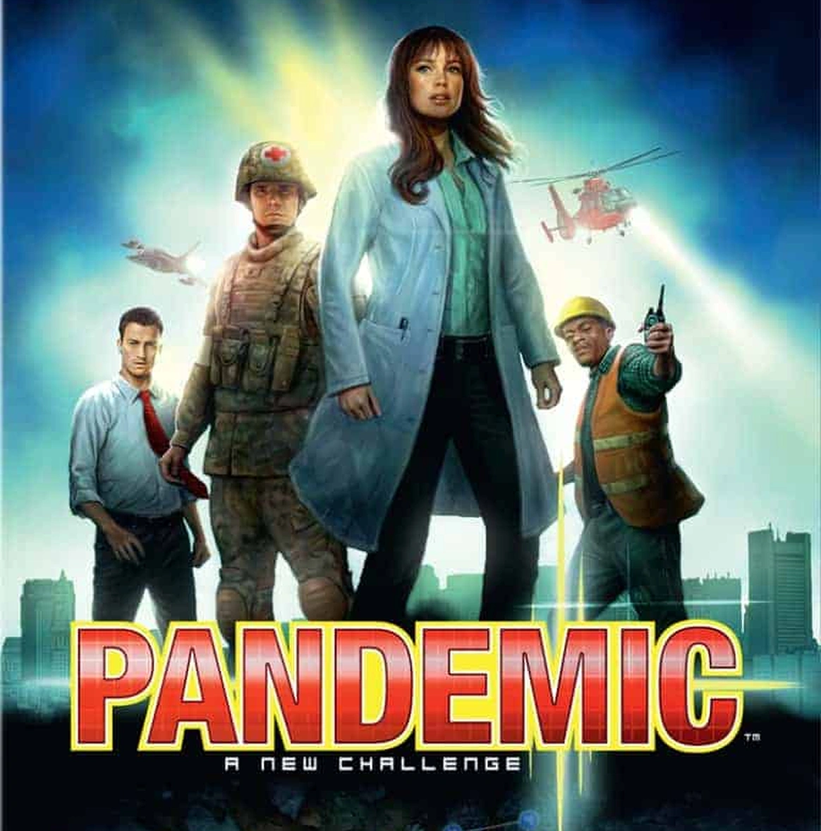 De omslag van het bordspel Pandemic met een afbeelding van een team van specialisten, waaronder een arts, een militair en een wetenschapper, tegen de achtergrond van een wereldkaart en silhouetten van steden
