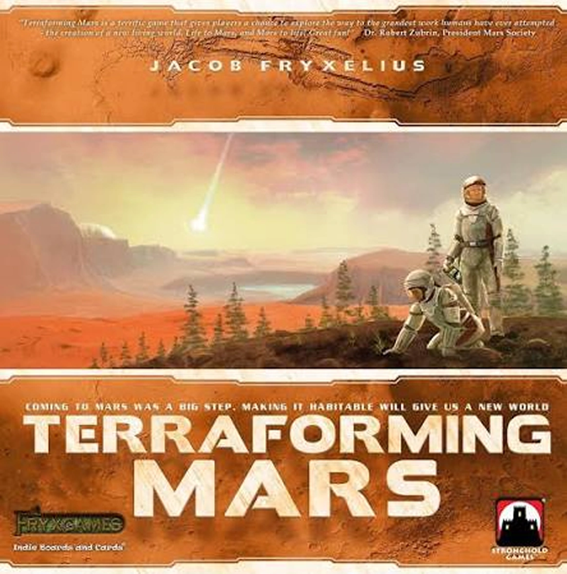 De omslag van het bordspel Terraforming Mars met een afbeelding van astronauten tegen de achtergrond van een Marslandschap en een neerstortende meteoriet