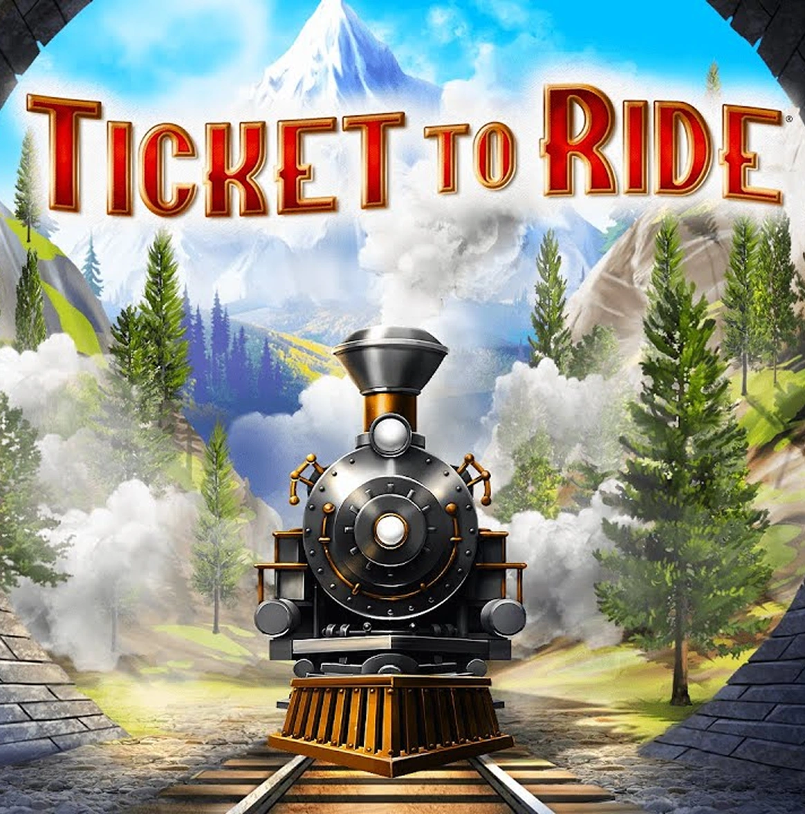 De intro van het spel Ticket to Ride, waarin een oude stoomlocomotief te zien is die uit een stenen tunnel tevoorschijn komt tegen een achtergrond van groene dennenbomen en besneeuwde bergen