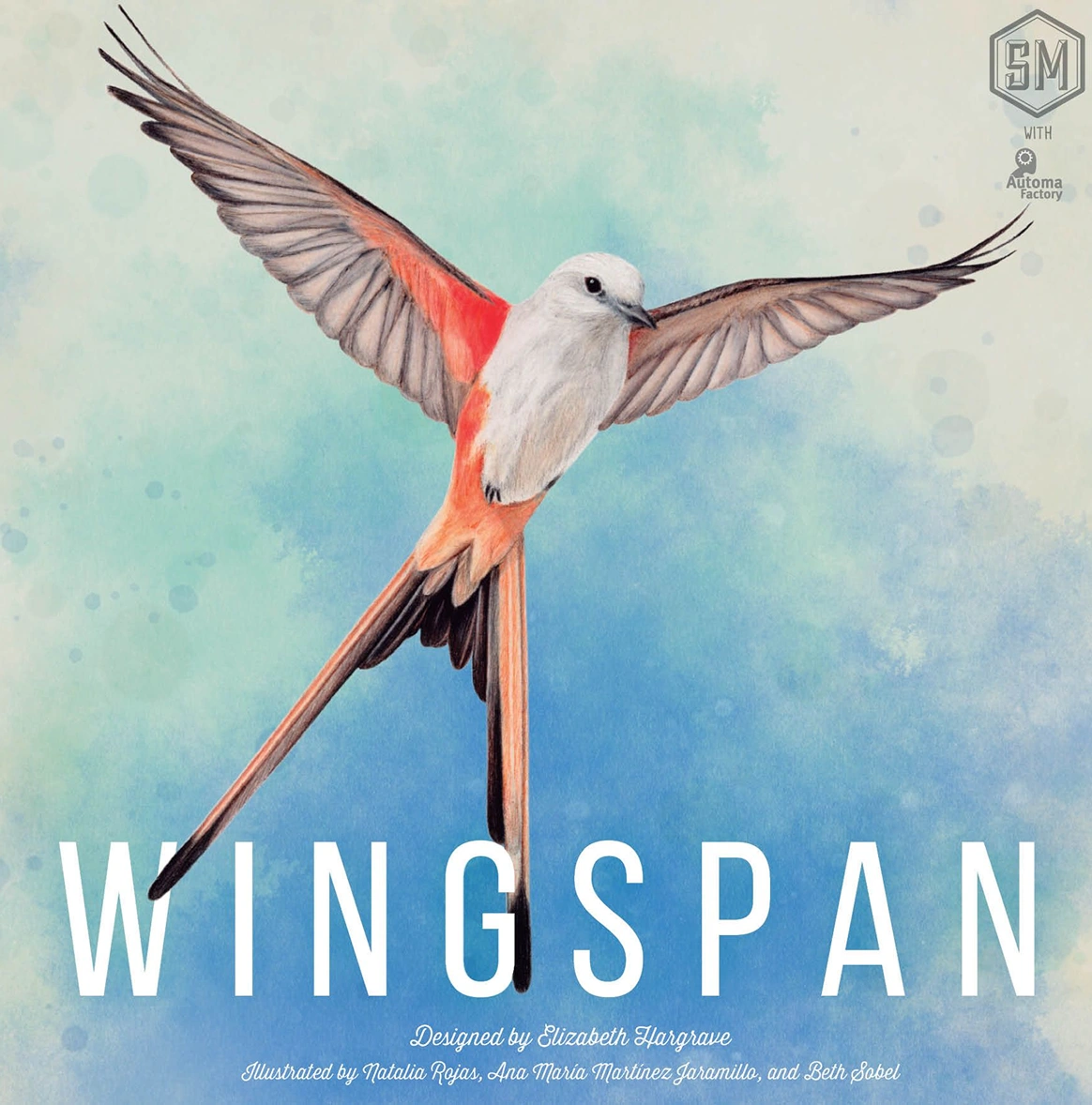 De omslag van het bordspel Wingspan met een illustratie van een vliegende vogel met uitgespreide vleugels tegen een zachte wit-blauwe achtergrond